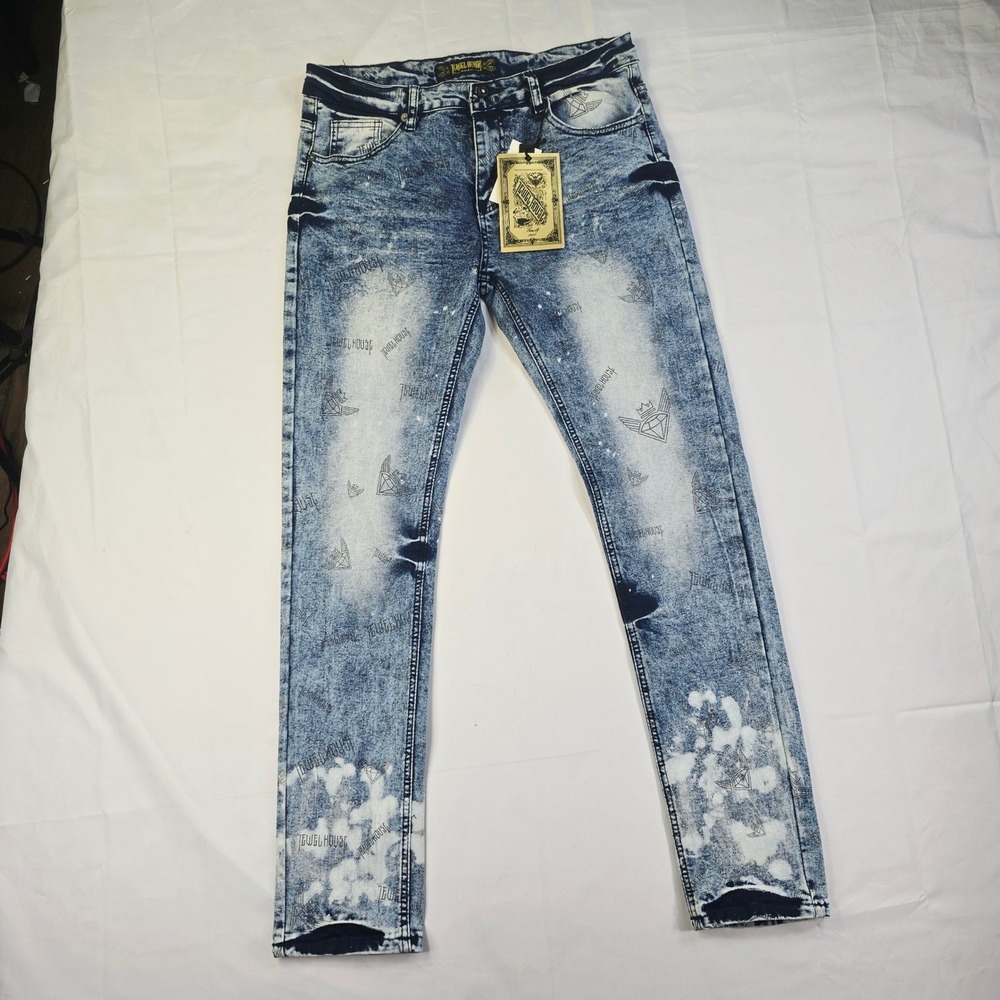 Jewel House Acid Wash Denim Jeans Men's 34x32 Blue Graphic Print Streetwear